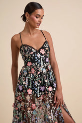 Mahryn Black 3D Floral Embroidered Midi Bodysuit Dress