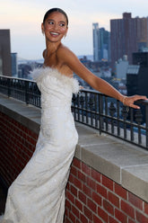 Uniquely Confident Cream Lace Feather Strapless Midi Dress