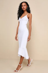 Stun Like Me White Bodycon Trumpet Hem Midi Dress