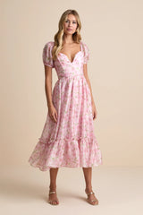 Sincerely Wondrous Pink Floral Puff Sleeve Tiered Midi Dress