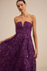 Ryla Purple Textured Sequin Strapless Midi Dress