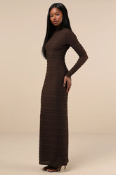 Trendsetting Design Brown Textured Long Sleeve Maxi Dress