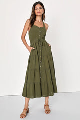 See the City Beige Button-Front Tiered Midi Dress