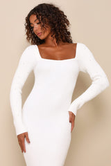 Gleaming Babe White Ribbed Knit Pearl Midi Sweater Dress