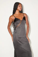 Tempting Silhouette Black Satin Lace-Up Midi Dress