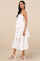 Truly Marvelous White Jacquard Strapless Tiered Midi Dress