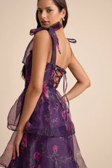 Fairytale Cutie Purple Floral Tie-Strap Tiered Midi Dress