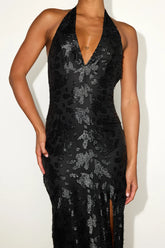Rosaria Black Burnout Lurex Backless Halter Midi Dress