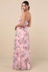 Stunning Element Pink Floral Mesh Ruffled Strapless Maxi Dress