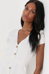 Sicily Sweetheart White Button-Front Puff Sleeve Midi Dress