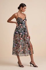 Mahryn Black 3D Floral Embroidered Midi Bodysuit Dress