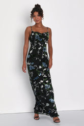 Chic Romantic Black Burnout Velvet Floral Cowl Neck Dress