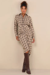 Seasonal Spirit Navy Blue Plaid Ruched Long Sleeve Midi Dress