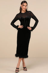 Sensational Situation Black Velvet Feather Bustier Midi Dress
