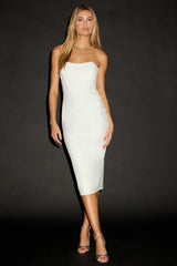 Gorgeously Sultry White Bustier Strapless Midi Dress