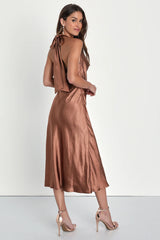 Sophisticated Impression Brown Satin Backless Cowl Midi Dress