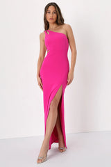 Simply Beautiful Hot Pink One-Shoulder Cutout Maxi Dress