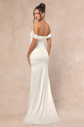 Torri White Satin Off-the-Shoulder Maxi Dress