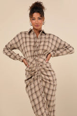 Seasonal Spirit Navy Blue Plaid Ruched Long Sleeve Midi Dress