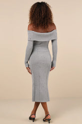 Dazzling Comfort Grey Rhinestone Off-the-Shoulder Sweater Dress