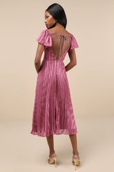 Standout Sophistication Mauve Lurex Flutter Sleeve Midi Dress