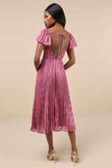 Standout Sophistication Mauve Lurex Flutter Sleeve Midi Dress