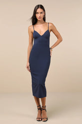 Sophisticated Soiree Navy Blue Bustier Midi Bodycon Dress