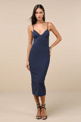 Sophisticated Soiree Navy Blue Bustier Midi Bodycon Dress