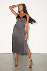 Tempting Silhouette Black Satin Lace-Up Midi Dress