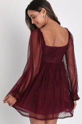 Dreamy Sweetness Burgundy Swiss Dot Ruffled Mini Babydoll Dress