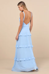 Sincerely Poised Light Blue Backless Bustier Tiered Maxi Dress