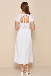 Stylish Merriment White Puff Sleeve Embroidered Midi Dress