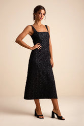 Sandrina Black Textured Sequin Square Neck Midi Dress