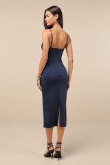 Sophisticated Soiree Navy Blue Bustier Midi Bodycon Dress
