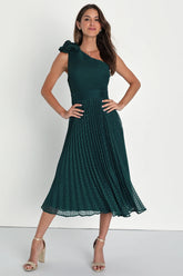 Special Charm Teal Pleated Swiss Dot One-Shoulder Midi Dress