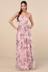 Stunning Element Pink Floral Mesh Ruffled Strapless Maxi Dress