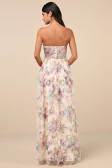 Stunning Element Pink Floral Mesh Ruffled Strapless Maxi Dress