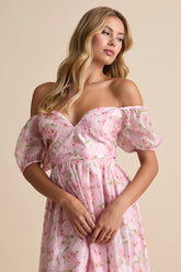 Sincerely Wondrous Pink Floral Puff Sleeve Tiered Midi Dress