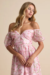 Sincerely Wondrous Pink Floral Puff Sleeve Tiered Midi Dress