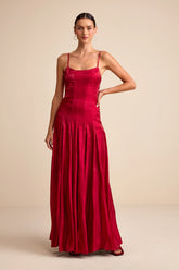 Zeline Berry Red Organza Pleated Drop Waist Maxi Dress