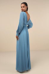 Sophisticated Grace Slate Blue Pleated Long Sleeve Maxi Dress