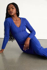 High Appeal Royal Blue Textured V-Neck Midi Sweater Dress