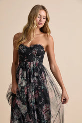 Stately Entrance Black Floral Mesh Strapless Maxi Dress