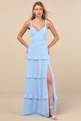 Sincerely Poised Light Blue Backless Bustier Tiered Maxi Dress