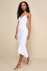 Stun Like Me White Bodycon Trumpet Hem Midi Dress