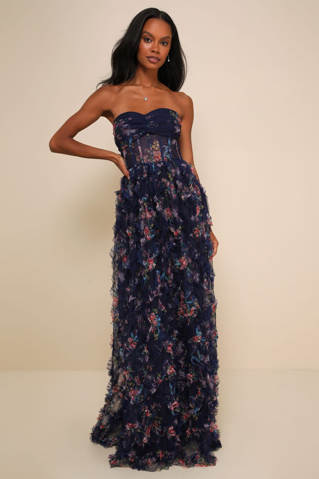 Stunning Element Pink Floral Mesh Ruffled Strapless Maxi Dress
