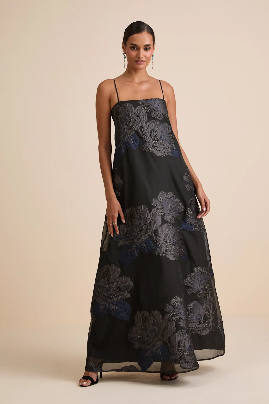 Yavanna Black and Blue Floral Jacquard Shift Maxi Dress