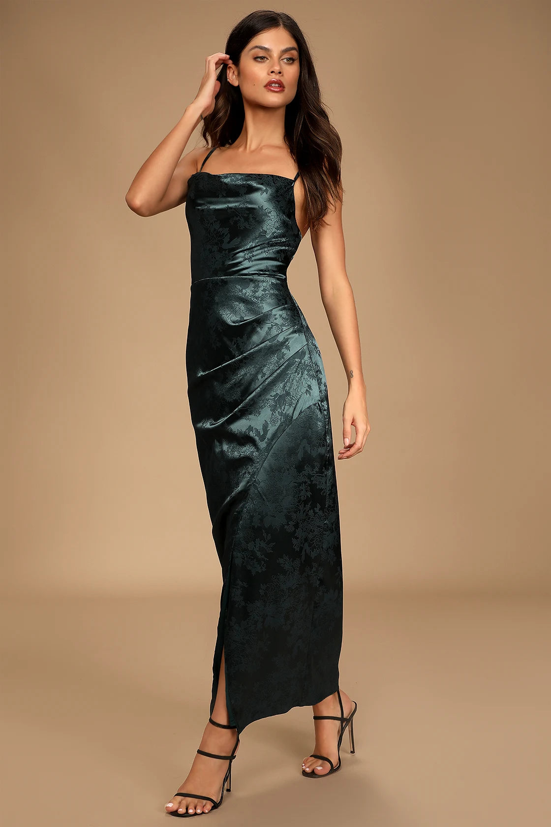 Under the Moonlight Emerald Green Satin Jacquard Maxi Dress