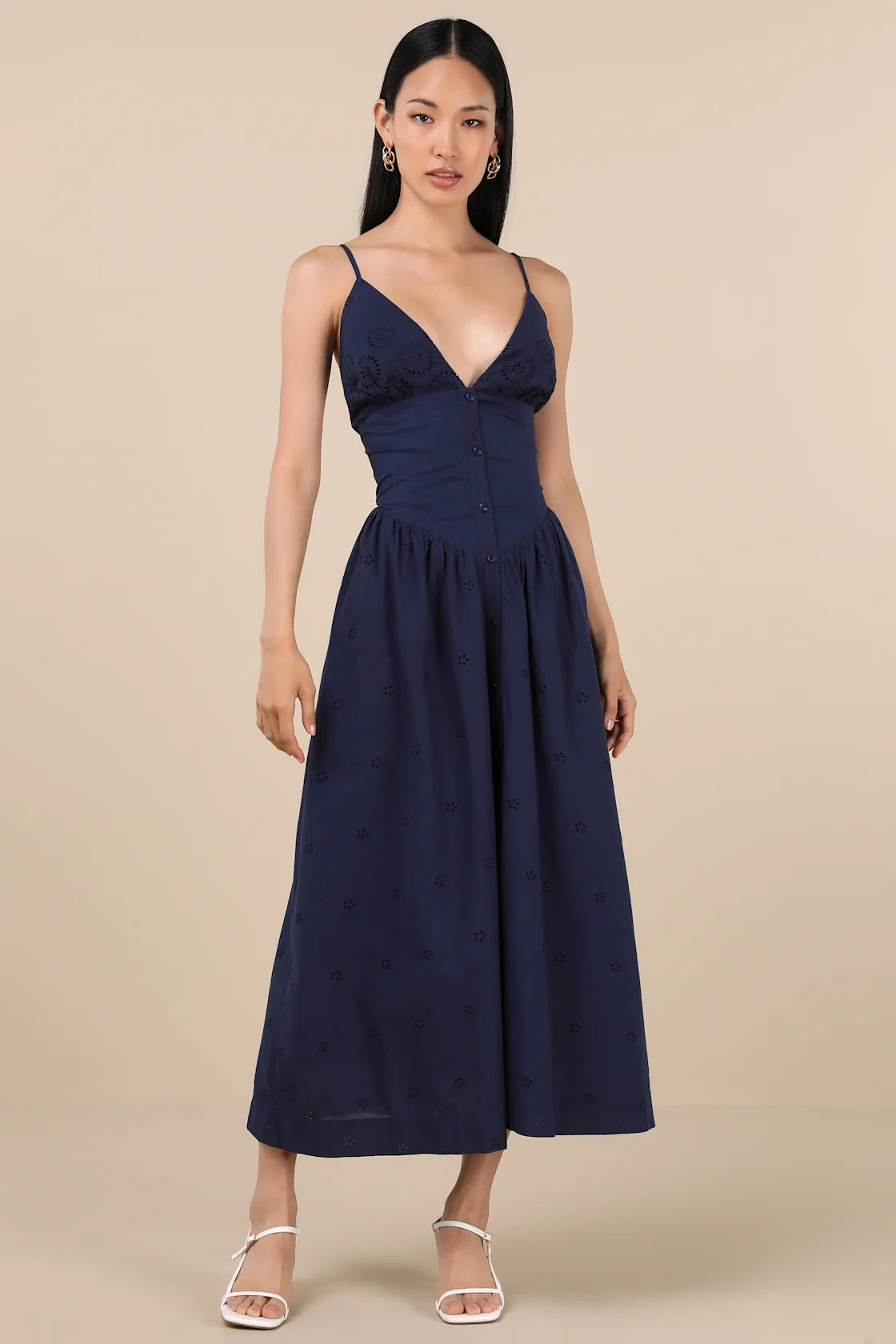 Zahrah Navy Eyelet Embroidered Button-Front Midi Dress