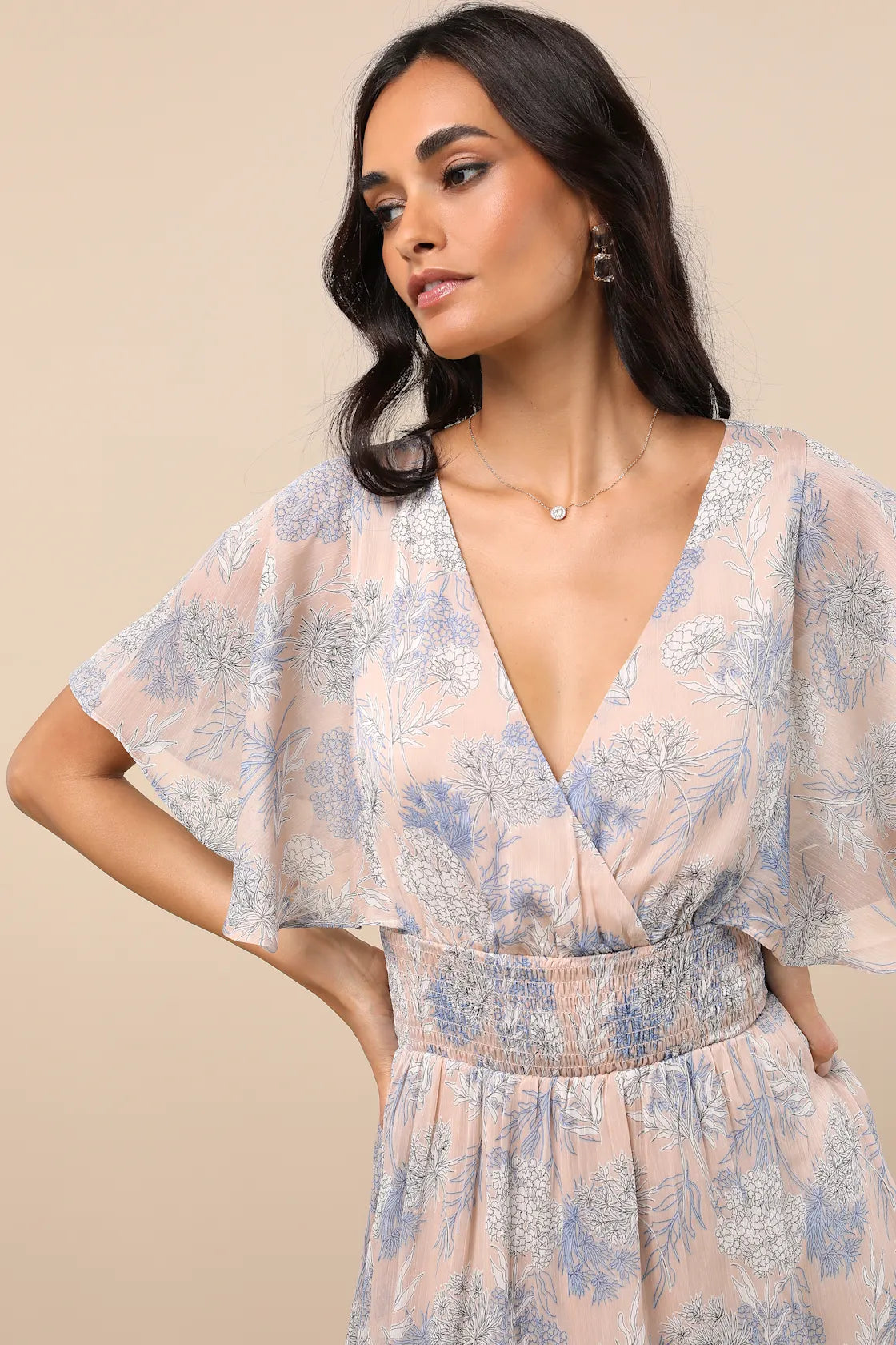 Subtle Romance Beige Floral Print Ruffled Midi Dress
